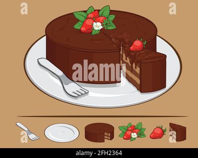 Black Forest cioccolato Sponge torta Cartoon Pasticceria illustrazione vettoriale Illustrazione Vettoriale