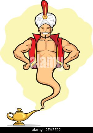 Wish Granting Magic Lamp Genie Cartoon Illustration disegno vettoriale Illustrazione Vettoriale