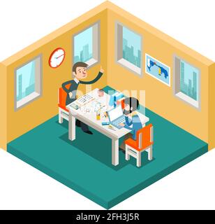 Collaborazione creativa. Il team di uomini d'affari lavora in un concetto isometrico 3d per ufficio. Team meeting uomo d'affari, collaborazione persone lavoro di squadra, vettore illus Illustrazione Vettoriale