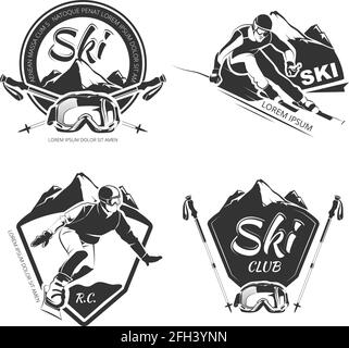 Emblemi vettoriali per snowboard e sci, etichette, badge, loghi. Logo sci, etichetta snowboard, club snowboard e sci, sci retrò badge e s Illustrazione Vettoriale