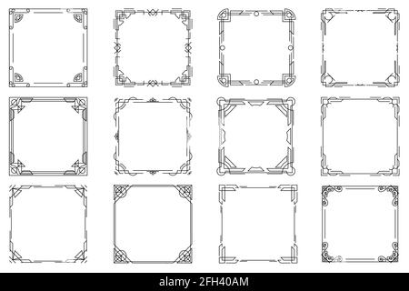 Fotogrammi geometrici a linee sottili, fotogrammi lineari vettoriali. Profilato lineare, elemento profilato quadrato, cornice quadrata, cornice decorativa quadrata Illustrazione Vettoriale