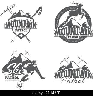 Emblemi vettoriali di pattuglia da sci d'epoca, etichette, badge, set di loghi. Badge pattuglia di montagna, pattuglia di montagna invernale, etichetta pattuglia di montagna, emblema m Illustrazione Vettoriale