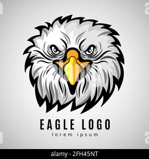 Logo della testa di aquila americana o etichetta vettoriale delle aquile calve. Illustrazione del simbolo del logo Hawk Illustrazione Vettoriale