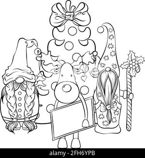 Due gnomi scandinavi e cervi vicino all'albero di natale Illustrazione Vettoriale