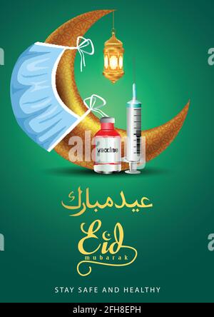 crescent, maschera, proteggere corona o covid-19 virus concetto per la festa musulmana del mese santo di Ramadan Kareem o Eid Mubarak Design background. Illustrazione Vettoriale