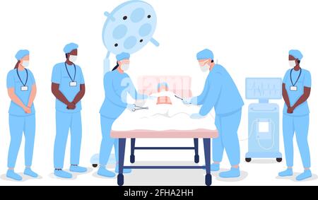 Gli internisti medici che guardano chirurghi professionali alla procedura a colori piatti i caratteri senza volto vettoriali. Formazione medica illustrazione cartoni animati isolati per il web graphic design e animazione Illustrazione Vettoriale