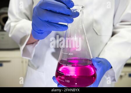 Scienziato in un laboratorio contenente un matraccio volumetrico contenente una sostanza chimica viola. Analisi della titolazione Foto Stock