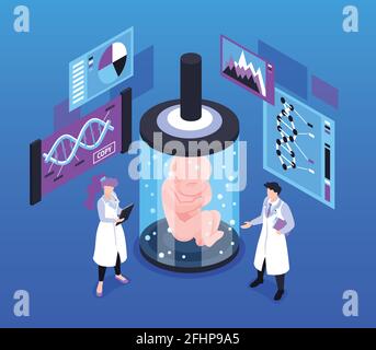 Clonazione umana sfondo isometrico con gli scienziati embrione in vetro medico capsula e materiali illustrativi per lo studio del vettore della struttura del dna umano Illustrazione Vettoriale