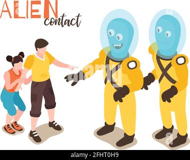 Progetto di contatto alieno con ragazzo e ragazza che incontrano due fumetto divertente umanoidi illustrazione vettoriale isometrica Illustrazione Vettoriale