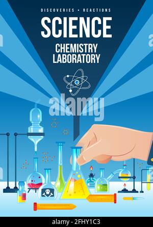 Poster verticale del laboratorio di chimica scientifica con provette per matracci colorate illustrazione vettoriale piatta di prodotti chimici e altre apparecchiature Illustrazione Vettoriale