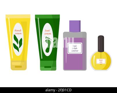 Un set di prodotti per la cura di mani e piedi. Prodotti di bellezza Illustrazione Vettoriale