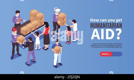 Volontari che danno scatole con aiuto umanitario a persone bisognose 3d illustrazione vettoriale banner isometrica Illustrazione Vettoriale