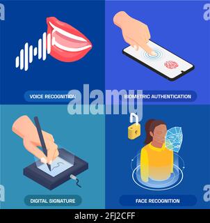 Autenticazione biometrica 2x2 icone impostate con riconoscimento delle impronte digitali del volto vocale e firma digitale immagine vettoriale isolata isometrica 3d Illustrazione Vettoriale