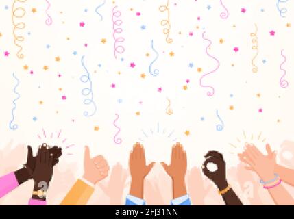 Clapping ok cuore mani applausi partito composizione con set di stelle confetti e immagini della mano umana illustrazione vettoriale Illustrazione Vettoriale