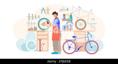 Negozio di biciclette servizio di manutenzione composizione piatta con tenuta artigiana illustrazione vettoriale tubo interno fissaggio ruota Illustrazione Vettoriale