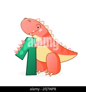 Carino dinosauro cartoni animati numeri. Elementi vettoriali per la progettazione di inviti per feste di compleanno o di dinosauro, biglietti d'auguri, adesivi, banner, logo, icona, poster. Illustrazione Vettoriale