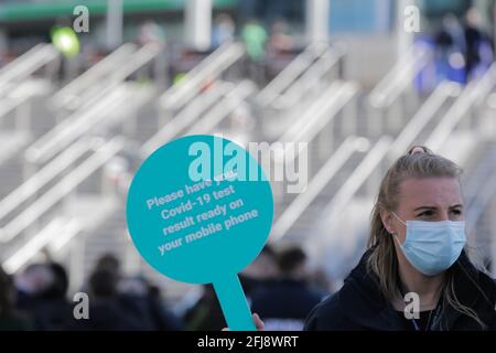 Wembley Stadium, Wembley Park, Regno Unito. 25 aprile 2021. Volunteer ha un cartello che chiede agli spettatori di preparare i risultati del Covid Test ai gradini olimpici fuori dallo stadio di Wembley prima della partita finale della Carabao Cup tra Manchester City e Tottenham Hoptspur. 8,000 residenti locali, personale NHS e tifosi sono tenuti a partecipare alla partita, il maggior numero di spettatori di un evento sportivo in uno stadio del Regno Unito per oltre un anno. I test di flusso laterale Covid-19 sono stati eseguiti prima del confronto e i dati raccolti saranno utilizzati per pianificare come tutti gli eventi possono avere luogo dopo il blocco. Amanda Rose/Alamy Live News Foto Stock