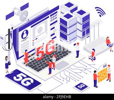 Moderna comunicazione Internet 5G tecnologia di progettazione isometrica concetto con piccolo caratteri vicino all'illustrazione vettoriale dell'attrezzatura grande Illustrazione Vettoriale