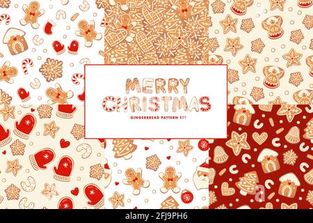 Insieme di motivi senza giunture vettoriali di pan di zenzero di Natale. Personaggi invernali in stile cartoon. Sfondo di design per le vacanze. Nuovo anno in stile scandinavo. Illustrazione Vettoriale