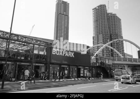 Boxpark, Shoreditch, London, Regno Unito Foto Stock