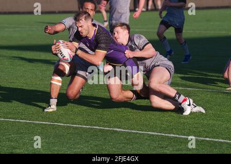 Newcastle upon Tyne, Inghilterra, 25 aprile 2021. Ted Chapelhow diving per provare Newcastle Thunder contro Sheffield Eagles nella partita di Betfred Championship al Kingston Park. Credit: Colin Edwards/Alamy Live News. Foto Stock