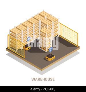 Magazzino moderno attrezzatura robotica completamente automatizzata e controllata da computer per il carico illustrazione del vettore di composizione isometrica della distribuzione dell'inseguimento della conservazione Illustrazione Vettoriale