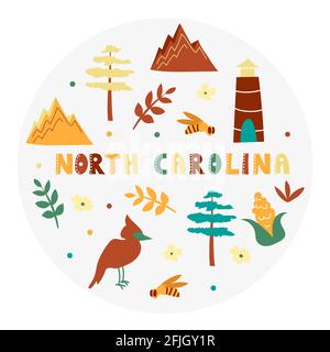 Collezione USA. Illustrazione vettoriale del tema del North Carolina. Simboli di stato Illustrazione Vettoriale