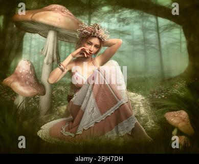 grafica computerizzata 3d di una fata seduta in una foresta circondato da funghi Foto Stock
