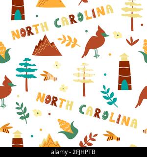 Collezione USA. Illustrazione vettoriale del tema del North Carolina. Simboli di stato Illustrazione Vettoriale