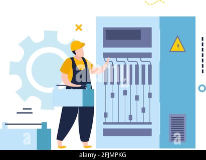 Elettricità e illuminazione icone piatte composizione con carattere di elettricista fissaggio dell'armadio dell'alimentatore, illustrazione vettoriale Illustrazione Vettoriale