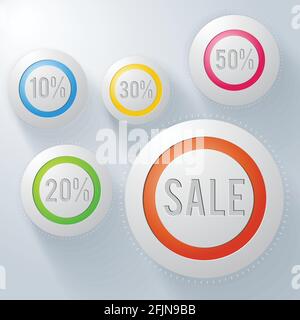 Pulsanti rotondi pubblicitari con iscrizione di vendita e percentuale di sconto velocità su sfondo grigio illustrazione vettoriale isolata Illustrazione Vettoriale