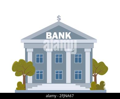 Banca edificio su sfondo bianco, finanziamento bancario, cambio di denaro, servizi finanziari, ATM, dare fuori i soldi. Banca facciata con alberi. Vector flat il Illustrazione Vettoriale