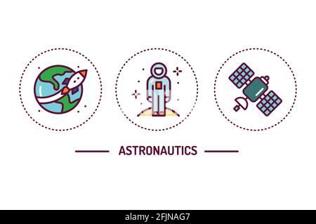 Informazioni sulle icone delle linee Astronauticscolor. Pittogrammi per pagina Web, app mobile, promo Illustrazione Vettoriale