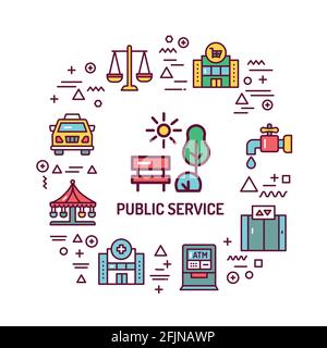 Banner Web di servizi pubblici. Infografiche con icone lineari su sfondo bianco. Concetto di idea creativa. Illustrazione del colore del contorno isolato. Illustrazione Vettoriale