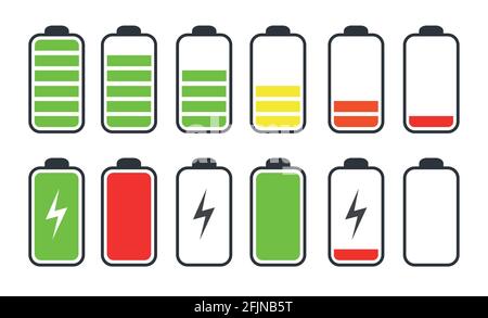 Simboli di stato di carica della batteria del telefono impostati Illustrazione Vettoriale