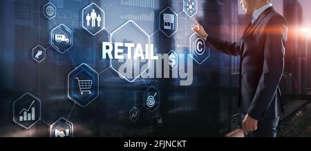 Retail concept marketing channels e-commerce Shopping automation su schermo virtuale. Foto Stock