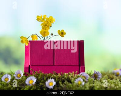 Calendario in legno rosso, testo spazio copia - Calendario con fiori per i giorni della Madre e della Donna Foto Stock