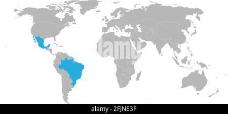 Brasile, Messico paesi isolati sulla mappa mondiale. Sfondo grigio chiaro. Viaggi e trasporti sfondi. Illustrazione Vettoriale