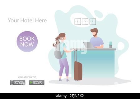 Viaggiatore femminile con zaino e valigia e receptionist maschile luogo di lavoro, interni della reception, processo di check-in, modello della pagina di destinazione, stile alla moda Illustrazione Vettoriale