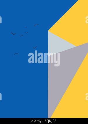 Armonioso poster d'arte con uccello e sereno cielo blu. Falso edificio con forme e forme equilibrate. Contrasto e colore primario. Arte minimalista illu Foto Stock