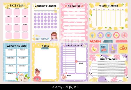 Notebook Planner. Modello di piano giornaliero, mensile e settimanale decorato. Per fare lista, programma e habit tracker. Set di vettori delle pagine di note dell'agenda elettronica Illustrazione Vettoriale