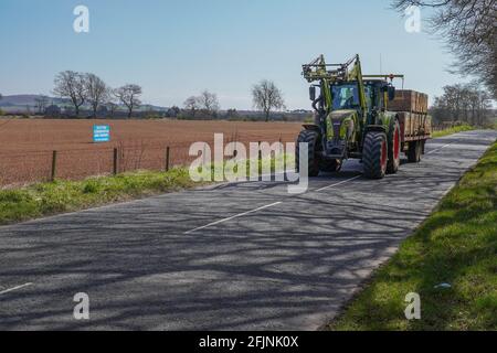 Montrose, Angus, Scozia, 25 aprile 2021: Gli agricoltori di Angus, mostrano il loro sostegno per il partito conservatore, in quanto installano grandi cartelli elettorali nei loro campi tra Hillside (di Montrose) e Stracathro Road. I cartelli sono ben visibili ai pendolari che si dirigono verso e dal lavoro, in quanto lasciano la A90 a doppia carreggiata e si dirigono verso la zona di Montrose. Credit: Barry Nixon Stable Air Media/Alamy Live News Foto Stock