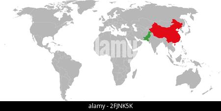 Cina, Pakistan paesi isolati sulla mappa mondiale. Sfondo grigio chiaro. Relazioni economiche e commerciali. Illustrazione Vettoriale