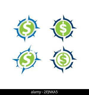 Icona della bussola con simbolo del dollaro. Borsa mondiale. Logo di business e trasferimenti di denaro. Grafica vettoriale stock.EPS10 Illustrazione Vettoriale