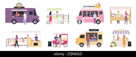 Fornitore di chioschi. Tenda di strada, cart e camion vendono fast food, libri, vestiti e fiori. Mercato outdoor con commercianti e clienti insieme vettoriale Illustrazione Vettoriale