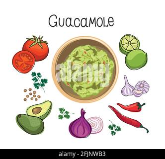 Avocado Guacamole ricetta ingredienti. Verdure e spezie per cuoco Guacamole - pomodoro, avocado, lime, aglio, pepe, beagle, coriandolo, insalata. mexic Illustrazione Vettoriale