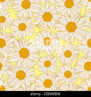 Vector motivo senza giunture di fiori camomilla gialli e bianchi su sfondo giallo chiaro. Stampa decorativa per carta da parati, avvolgenti, tessuti, tessuti di moda o altre copertine stampabili. Illustrazione Vettoriale