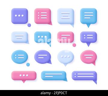 Linguaggio, comunicazione, fumetti di dialogo - insieme di icone realistiche. illustrazione vettoriale 3d. Illustrazione Vettoriale