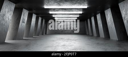 interno del seminterrato astratto scuro con colonne e cemento scuro illustrazione del rendering 3d della superficie Foto Stock