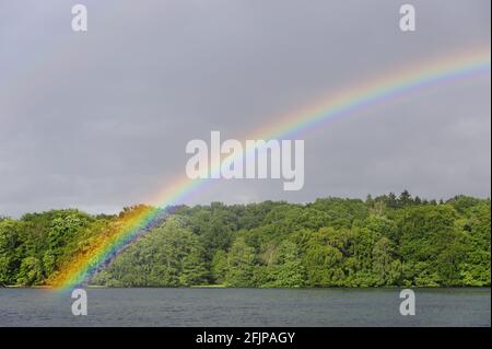 Rainbow Over Lake, Felderberg Lake District, Meclemburgo-Pomerania occidentale, Germania Foto Stock